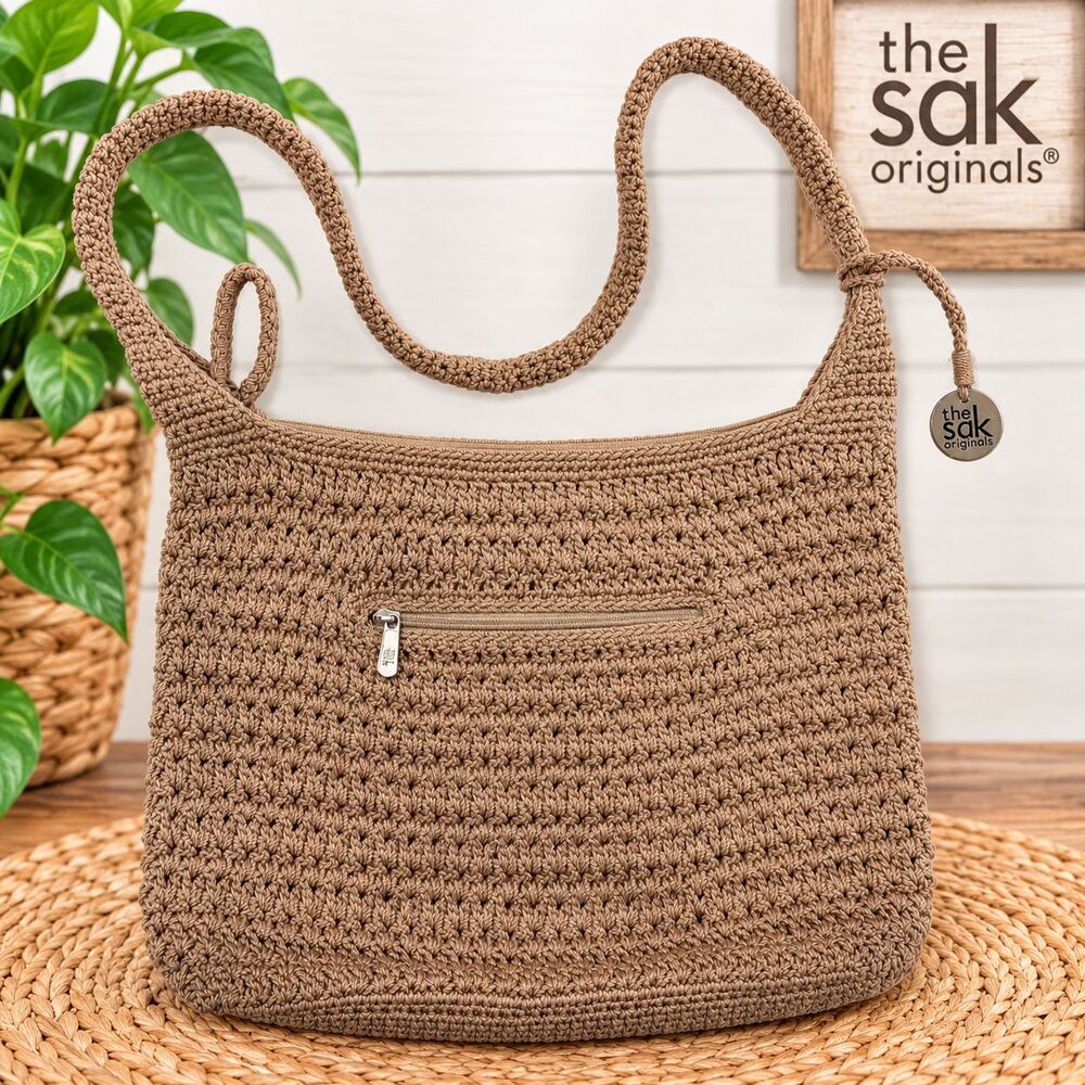 The Sak Originals Y2K Crochet Shoulder Bag Purse Taupe Tan Medallion Boho 7048